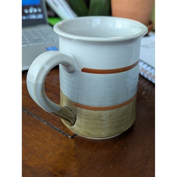 Handcrafted Ceramic Mug With Earthy Green & Brown Stripes Made In Japan - Picture 2 of 4